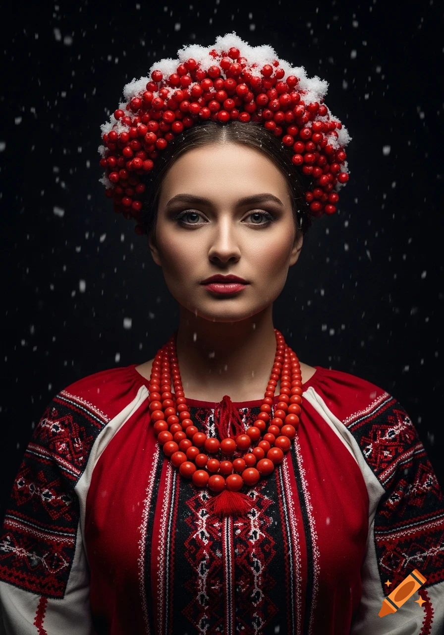 Portrait of a Ukrainian woman in a red vyshyvanka, red coral beads, and a berry-and-snow wreath, with falling snow on a dark background.