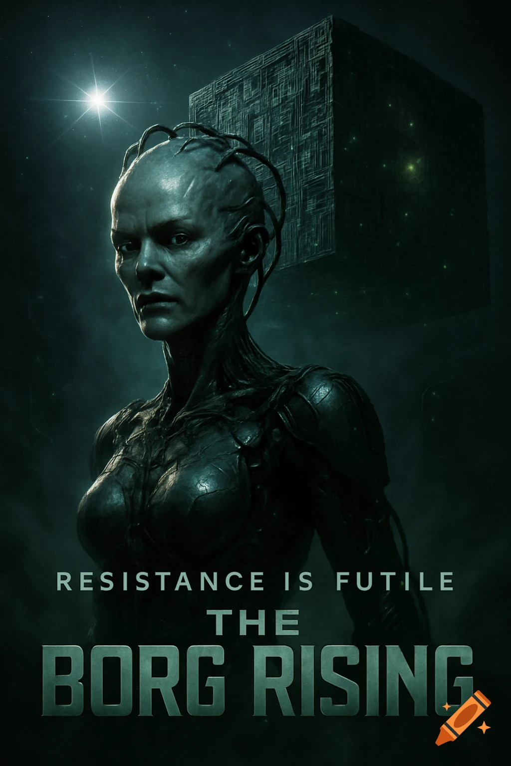 Dark sci-fi movie poster featuring a female cyborg and a large cube, with text 'Resistance is Futile The Borg Rising'.