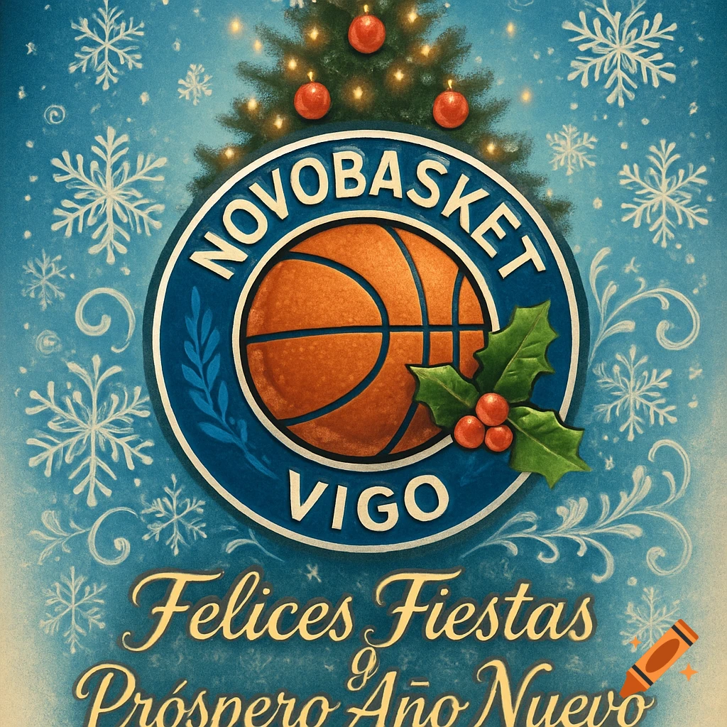A blue festive illustration for Novobasket Vigo, featuring their basketball logo, a Christmas tree, holly, snowflakes, and text 'Felices Fiestas y Próspero Año Nuevo'.