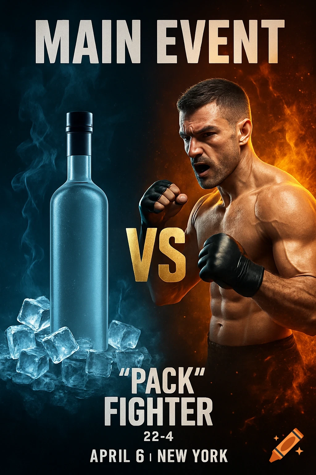 A dynamic fight poster showing a male fighter on the right with fire effects, facing a vodka bottle with ice on the left. Text reads 'MAIN EVENT VS PACK FIGHTER 22-4 APRIL 6 | NEW YORK'.