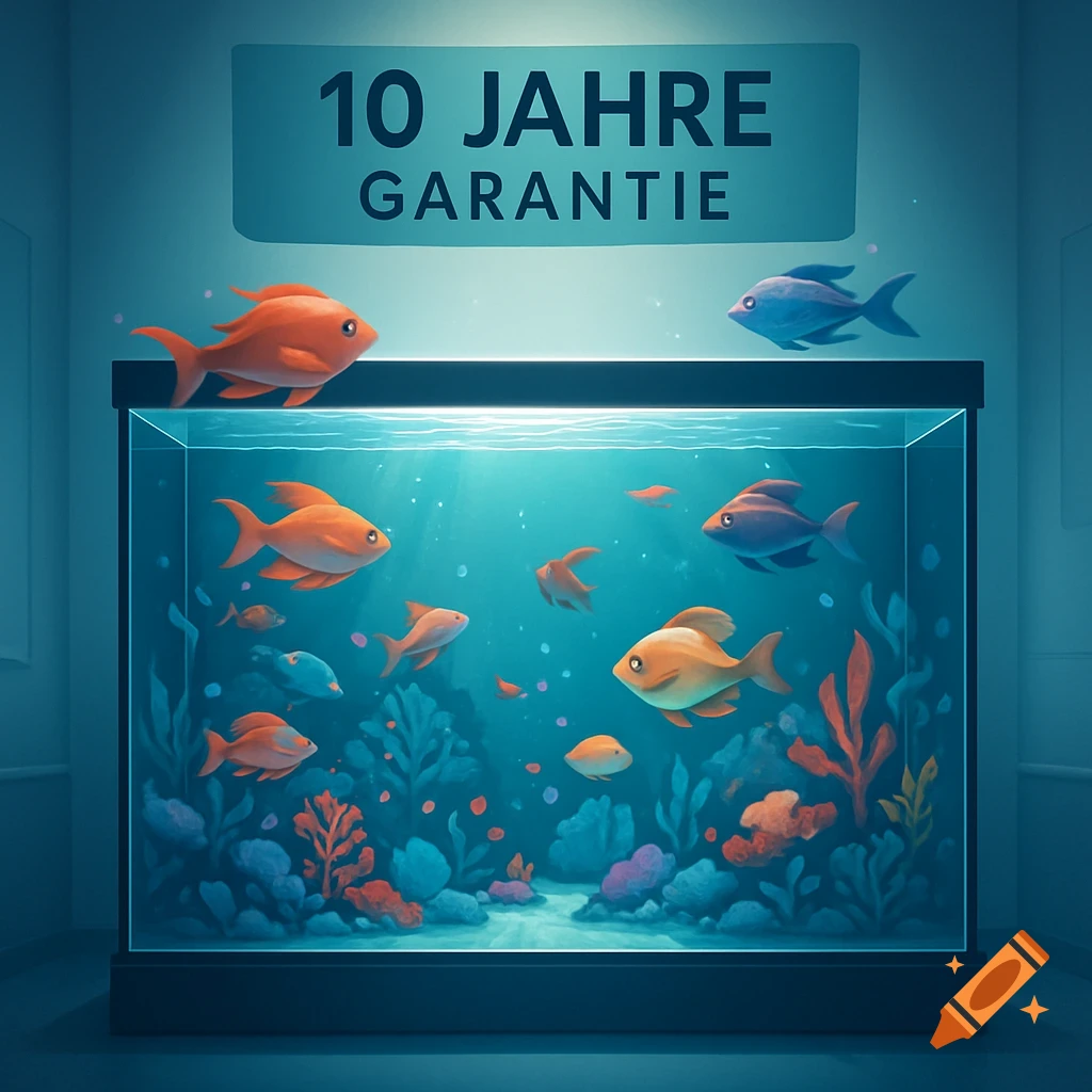 An illuminated aquarium filled with orange and blue fish among colorful coral and plants, with '10 JAHRE GARANTIE' text above.