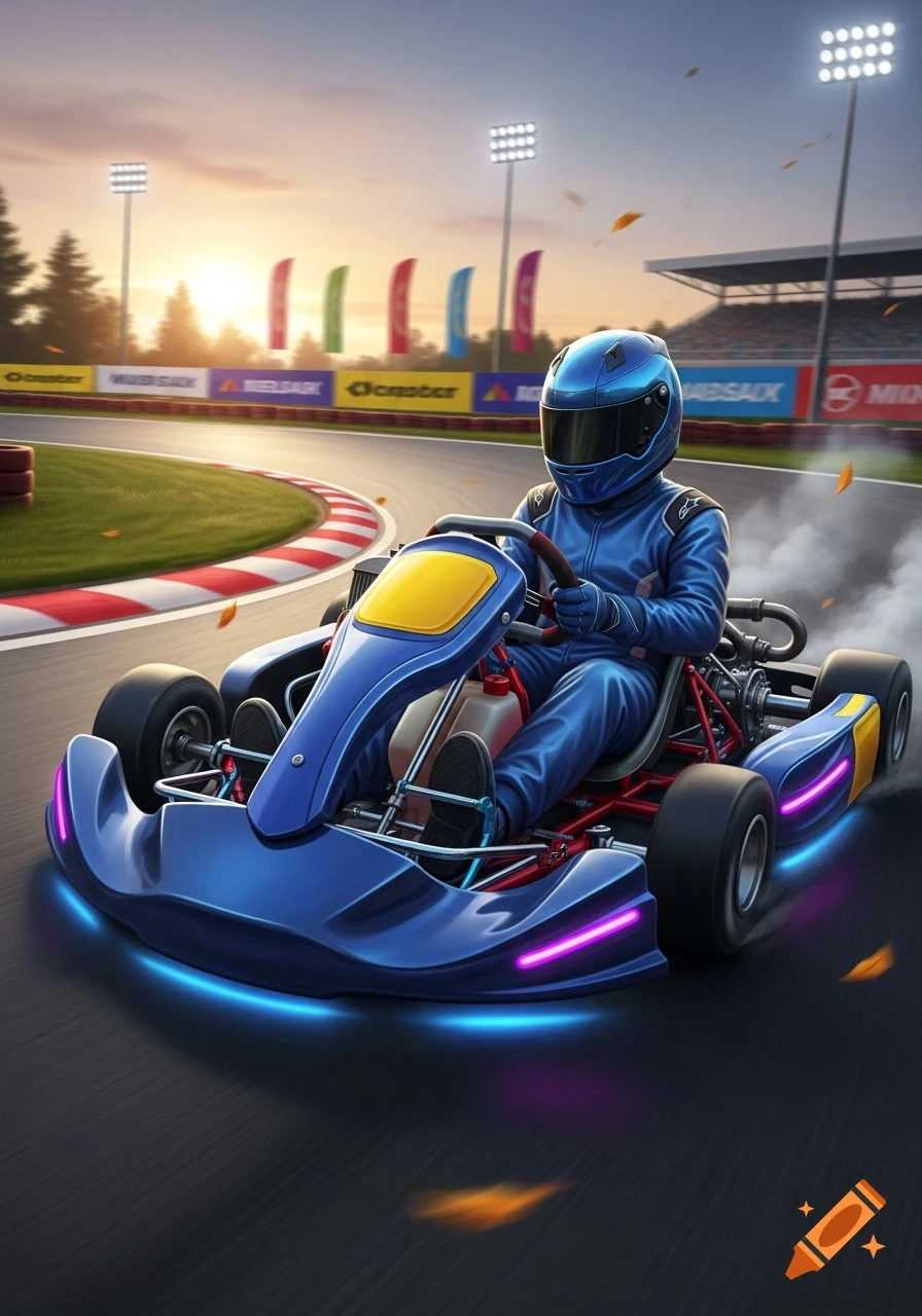 A person in a blue racing suit and helmet drives a futuristic blue go-kart with glowing accents on a race track at sunset, with banners in the background.