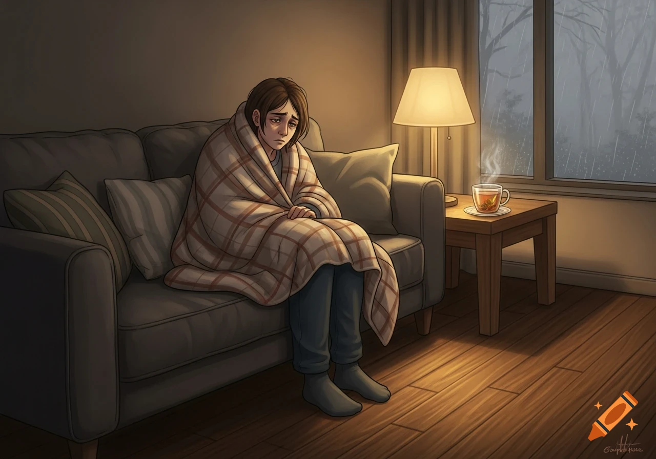 A person wrapped in a plaid blanket sits sadly on a couch, a steaming cup of tea nearby, with rain visible outside a window. Illustrated style.