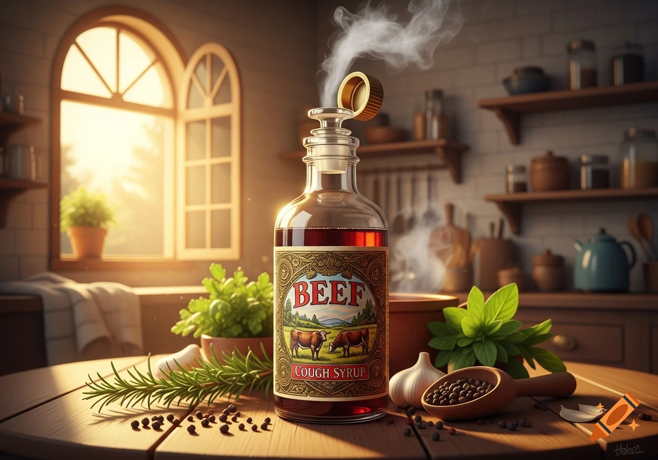 A bottle labeled "Beef Cough Syrup" emitting steam, surrounded by herbs, garlic, and peppercorns on a wooden kitchen table, with a sunlit window in the background.