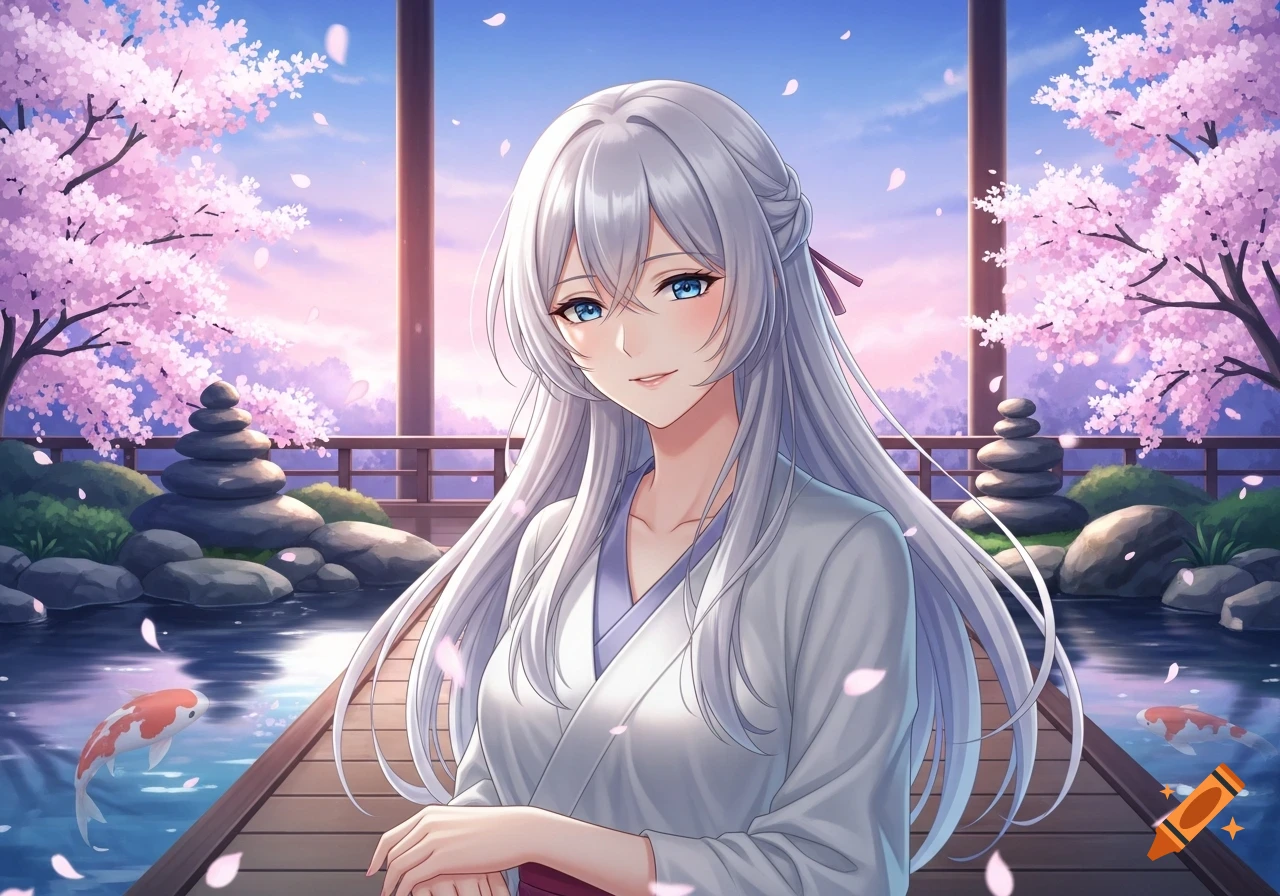 Anime woman with white hair and blue eyes smiles in a cherry blossom-filled Japanese garden with a pond and koi fish.