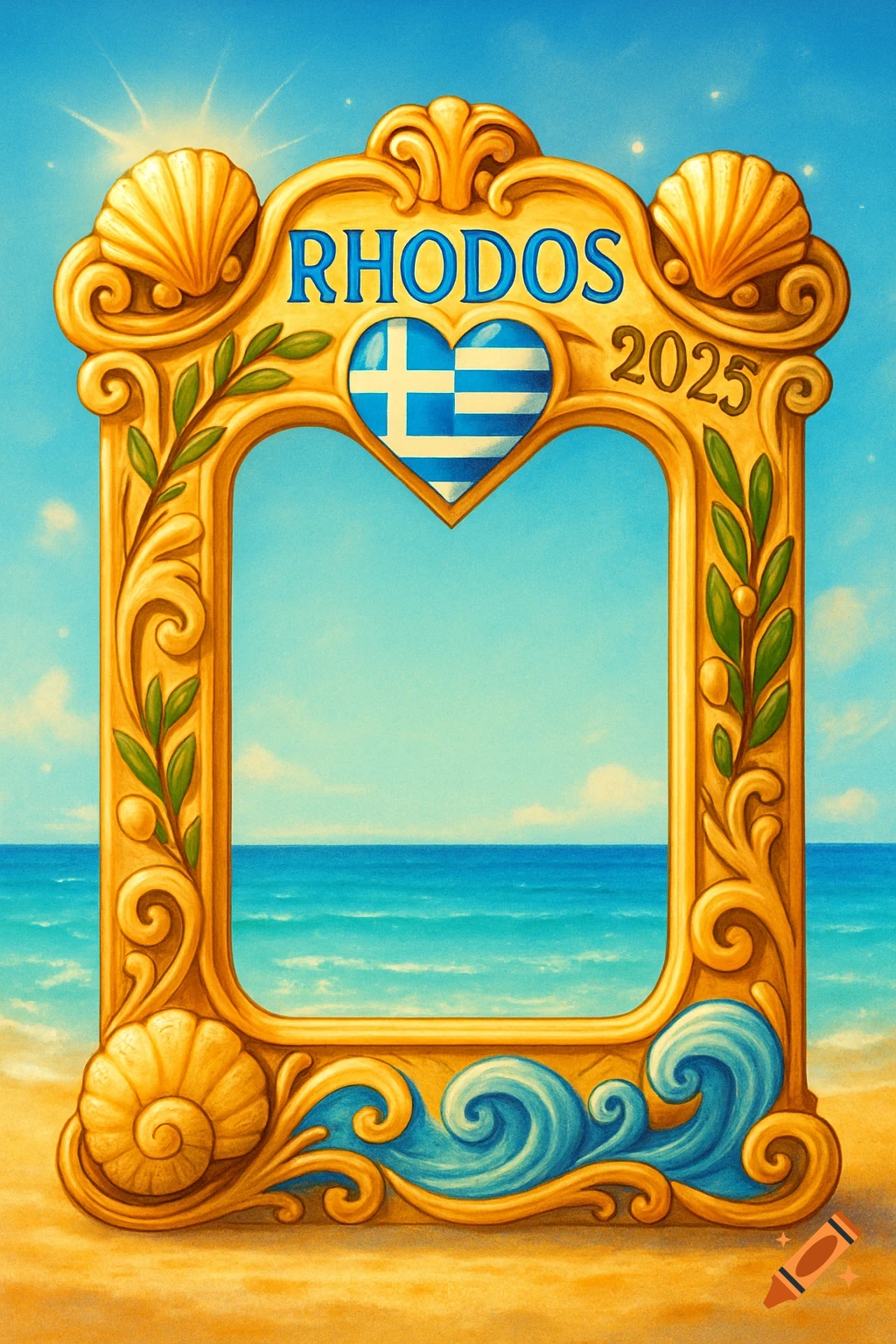Ornate golden frame with 'RHODOS 2025' and a Greek flag heart, set on a sandy beach with blue ocean.