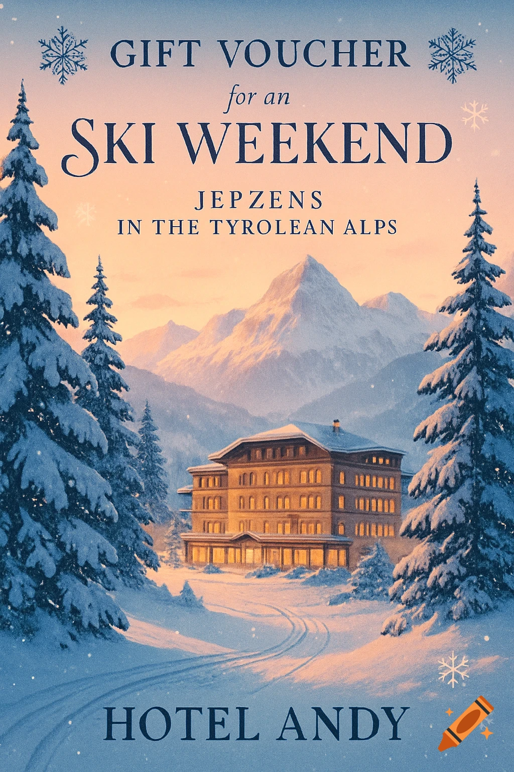 Illustration of a hotel in a snowy mountain landscape at sunset, with pine trees and text for a ski weekend voucher.