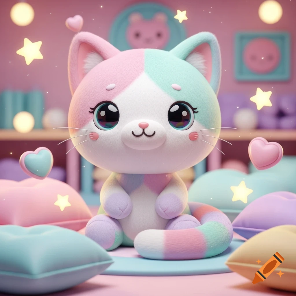 A fluffy, pastel pink, blue, and white kawaii cat plush toy sits among soft pillows and glowing stars in a pink room, 3D rendered.