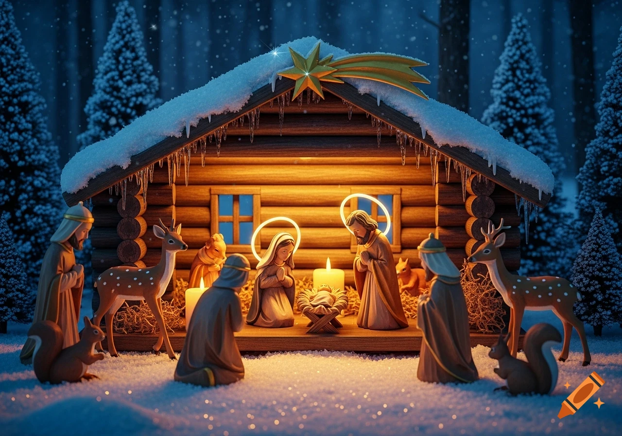 A detailed Nativity scene with Mary, Joseph, baby Jesus, wise men, and animals in front of a log cabin covered in snow at night.