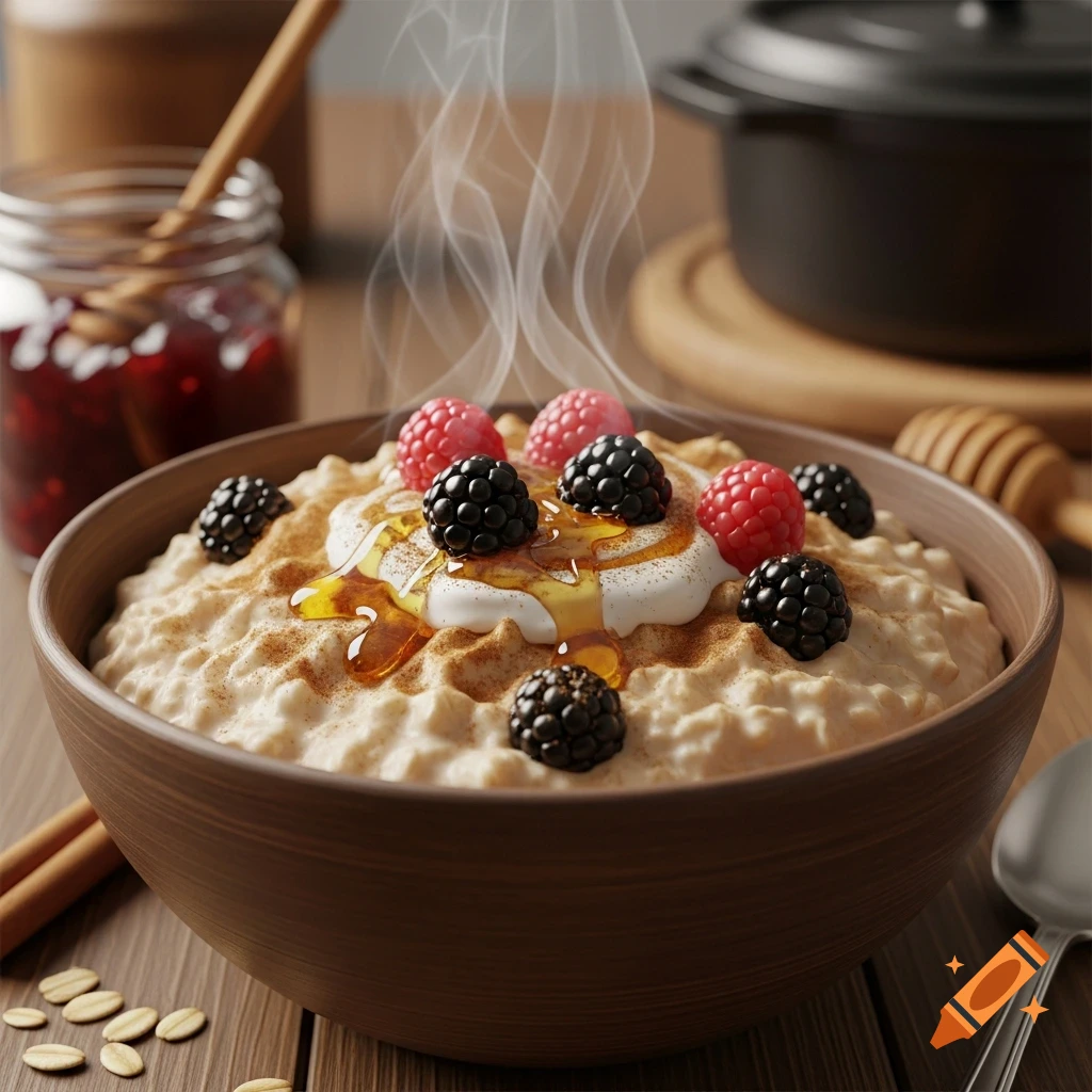 Steaming oatmeal topped with fresh raspberries, blackberries, cream, cinnamon, and a drizzle of honey in a brown bowl on a wooden table.