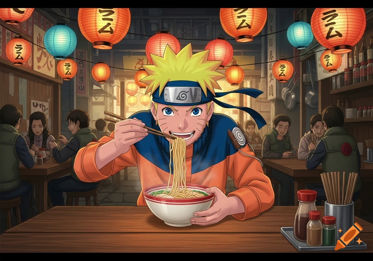 Naruto happily eating a large bowl of ramen with chopsticks in a bustling Japanese restaurant with lanterns.