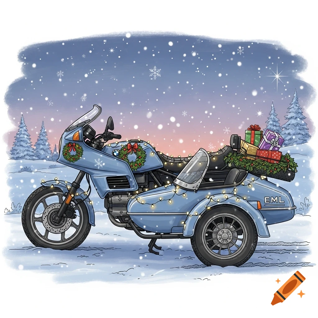 Illustration of a light blue BMW motorcycle with a sidecar, decorated with Christmas lights and wreaths, parked in a snowy winter landscape.