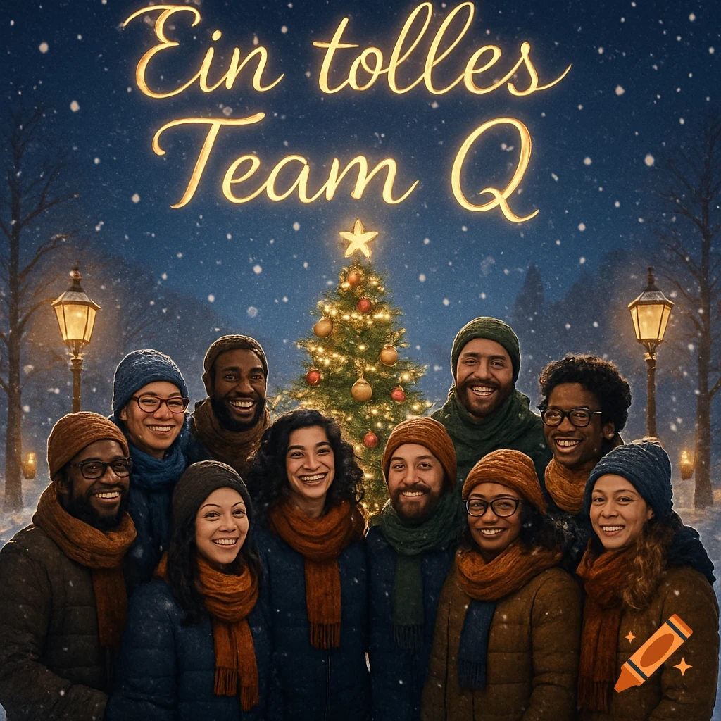A diverse group of smiling people in winter attire stand in front of a snowy Christmas tree at night, with 'Ein tolles Team Q' glowing above.