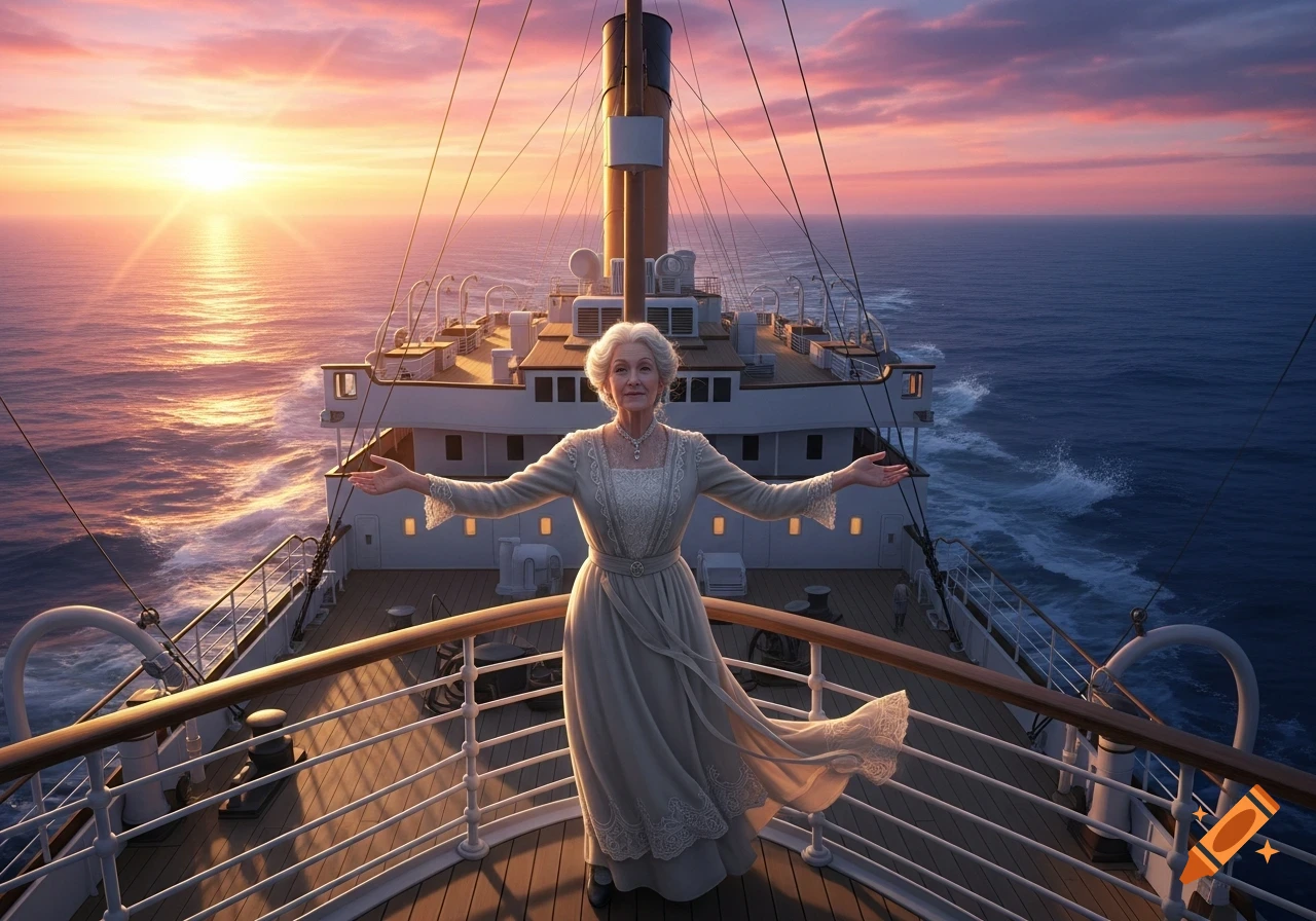An elderly woman in an elegant dress stands on a ship's deck with outstretched arms, facing a beautiful ocean sunset.