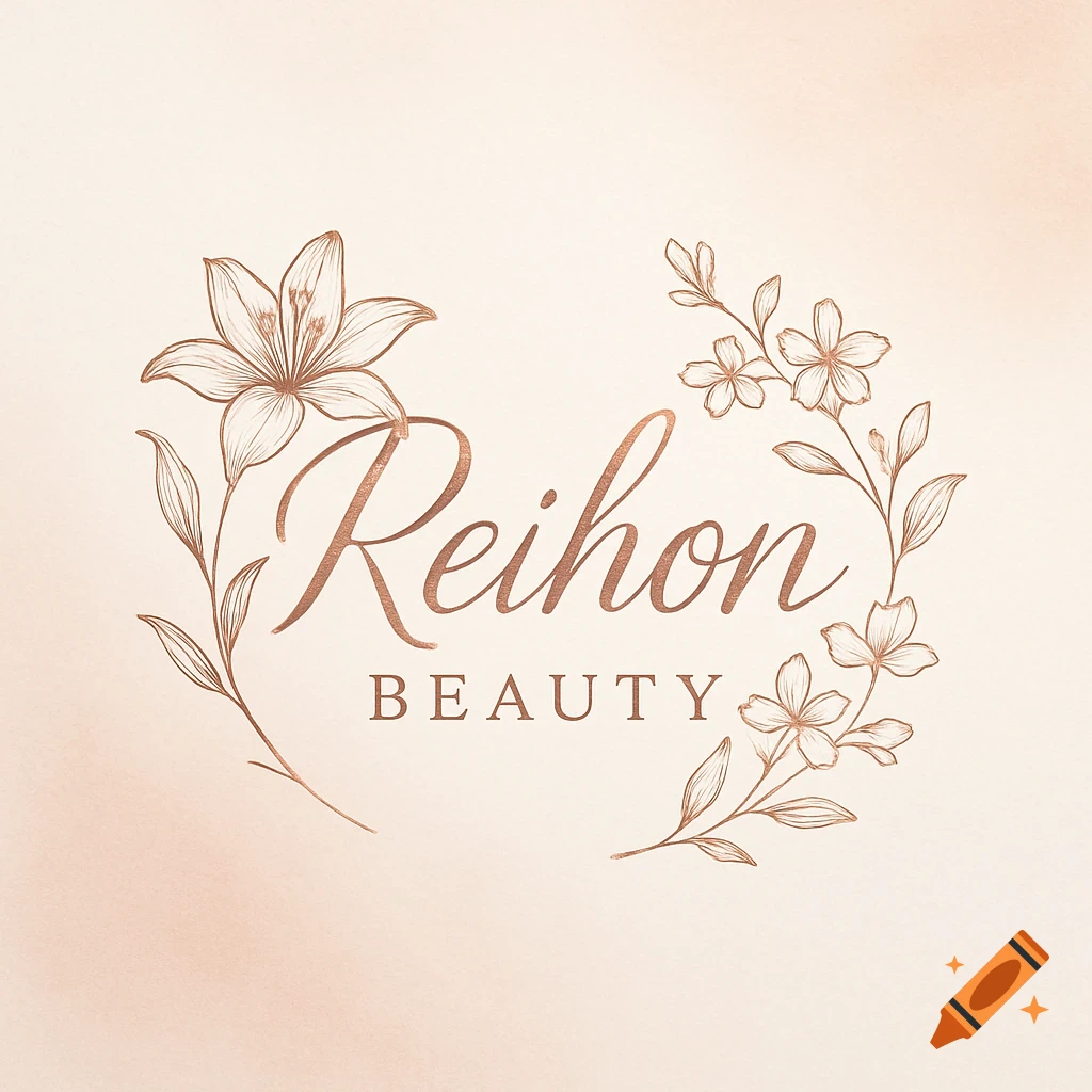 Floral logo with 'Reihon BEAUTY' text in a metallic rose gold finish on a light peach background.