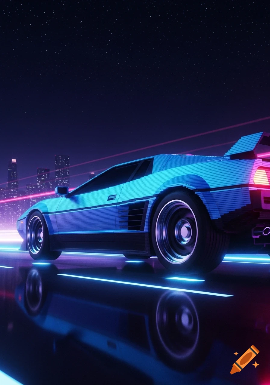 A pixel art blue sportscar on a neon-lit road at night with a city skyline under a starry sky.