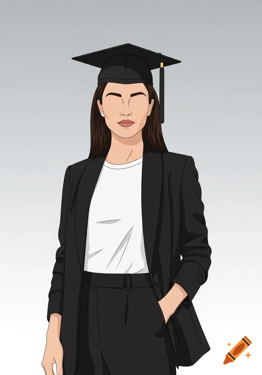 An illustration of a woman wearing a black graduation cap, black blazer, white t-shirt, and black pants, with her hands in her pockets.