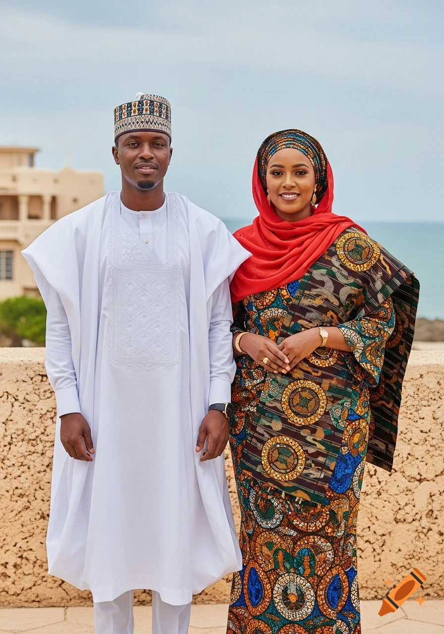Photorealistic portrait of a Swahili man in white kanzu and kofia, beside a woman in red headscarf and patterned dress, on an East African coast.