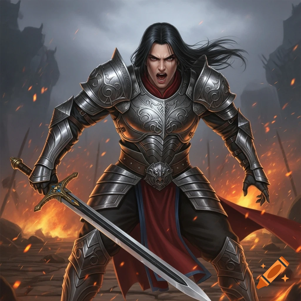 A male warrior in ornate silver armor yells, holding a sword on a fiery battlefield, digital painting style.