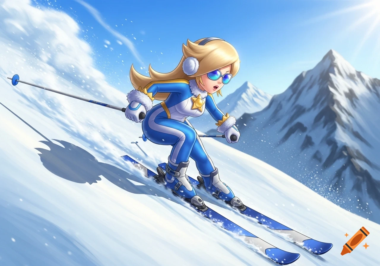 A cartoon character resembling Rosalina from Mario skiing down a snowy mountain slope with sunglasses and a blue and white competitive outfit.