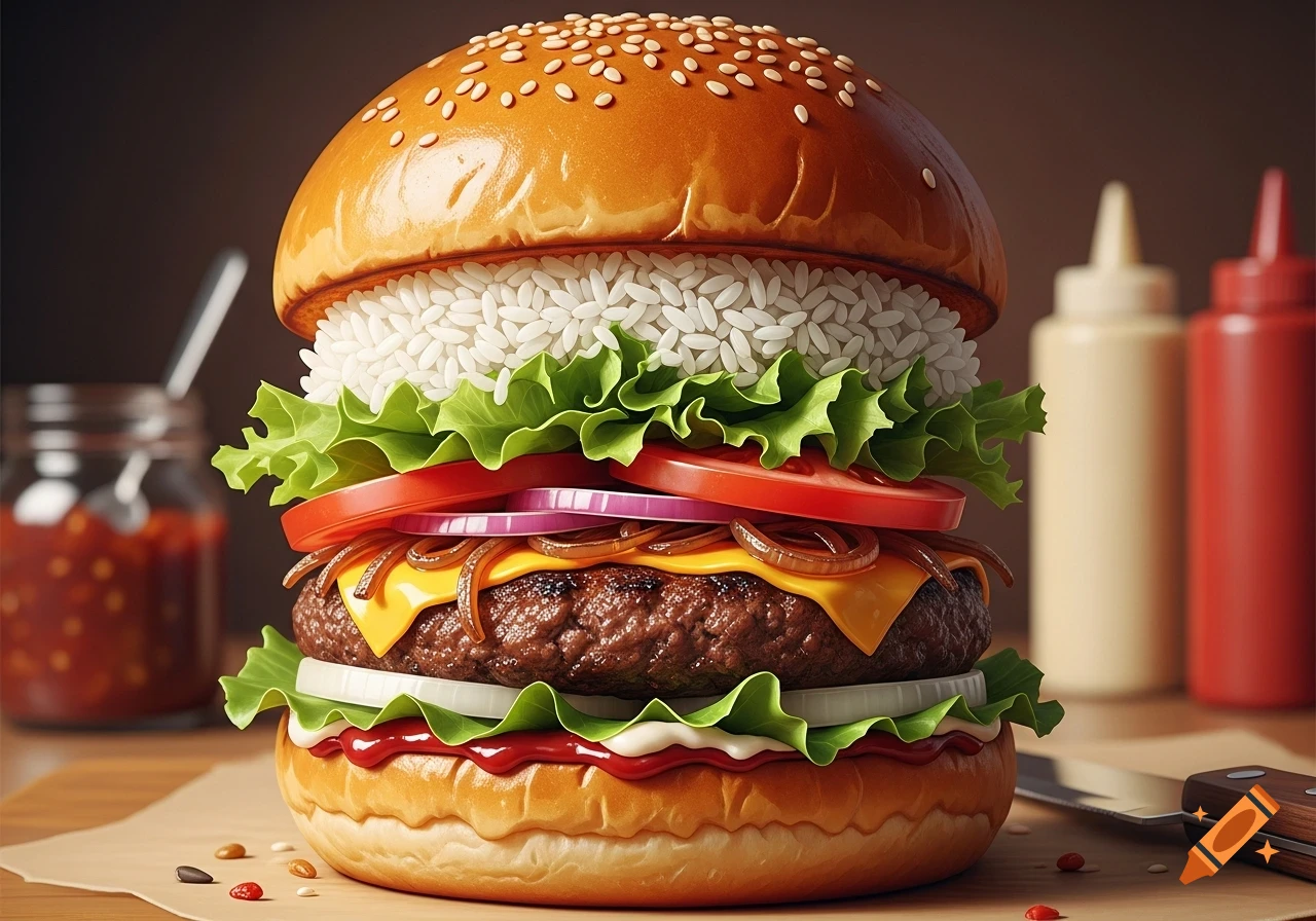 A photorealistic hamburger featuring a unique rice layer, lettuce, tomato, onion, cheese, and a beef patty, on a wooden surface with condiments.