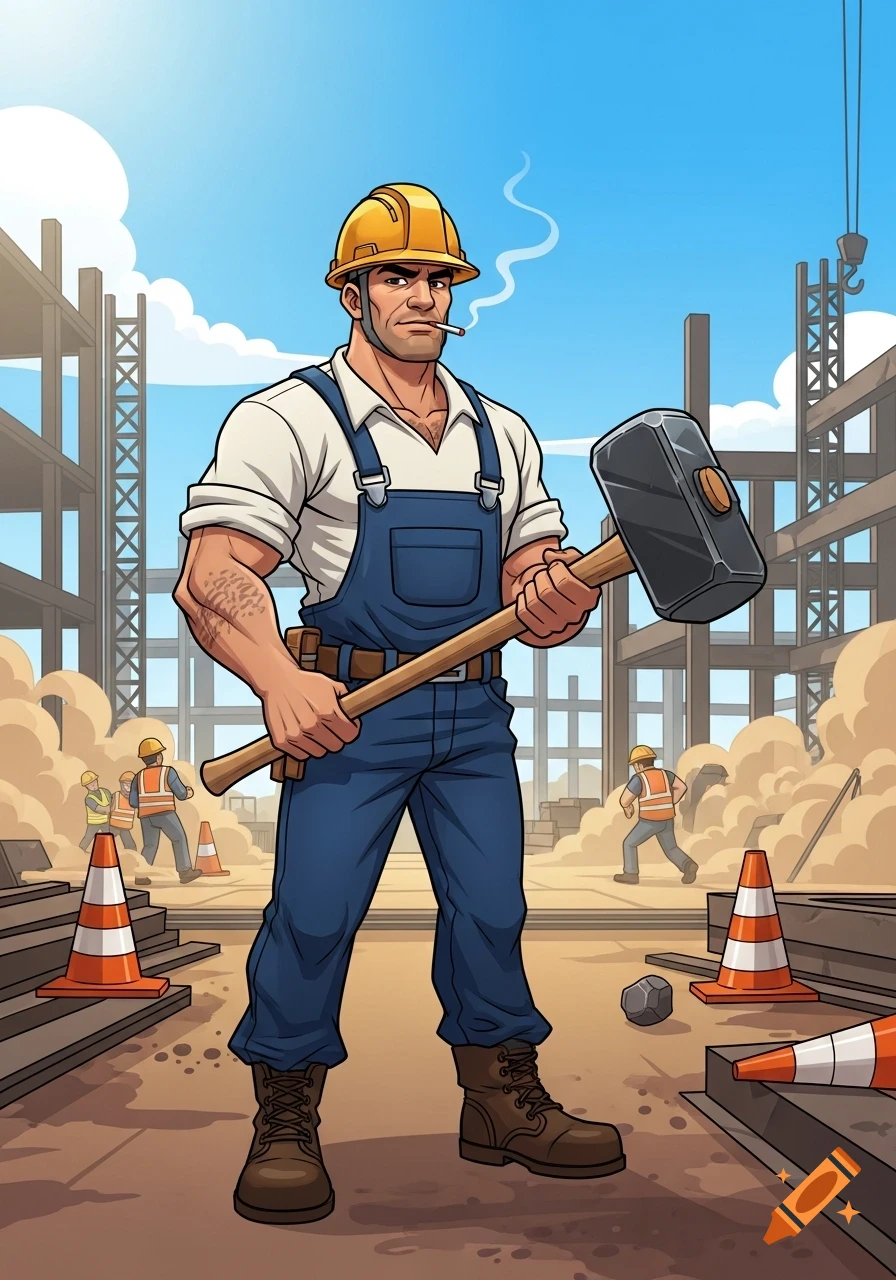 Cartoon construction worker in a hard hat and overalls, smoking, holding a sledgehammer on a dusty construction site.