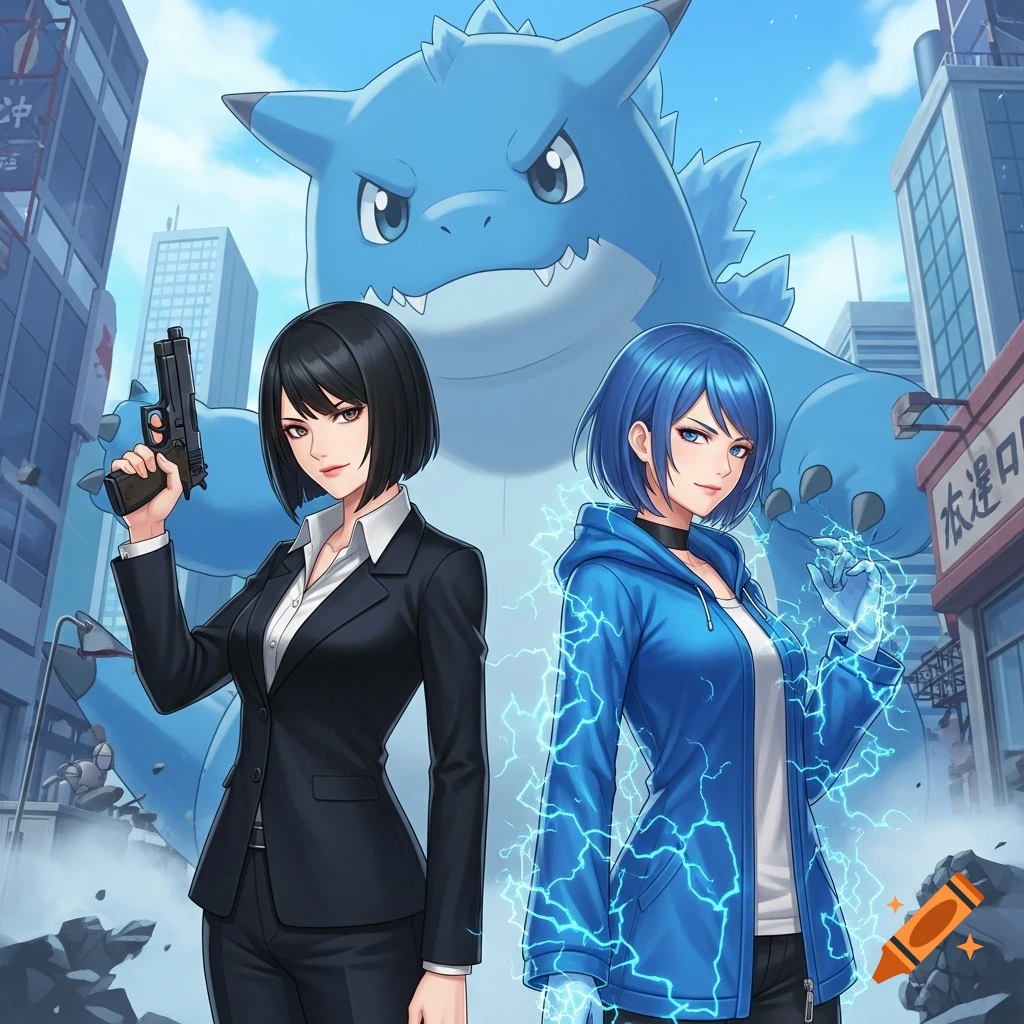 Two anime women stand in a city with a giant blue cartoon monster behind them. One woman holds a gun, and the other has electricity around her.