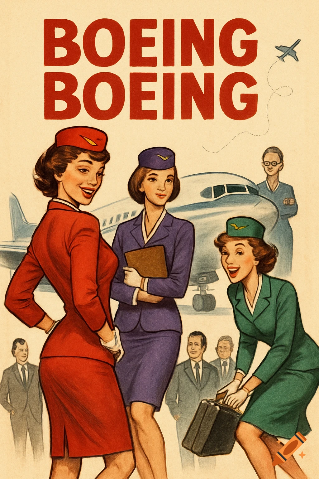 Vintage poster art of three flight attendants in red, purple, and green uniforms, with an airplane and people in the background.