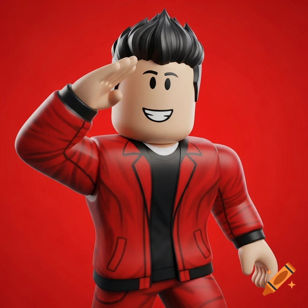 A male Roblox avatar with black hair, wearing a red jacket and pants, smiling and saluting against a red background in 3D GFX style.