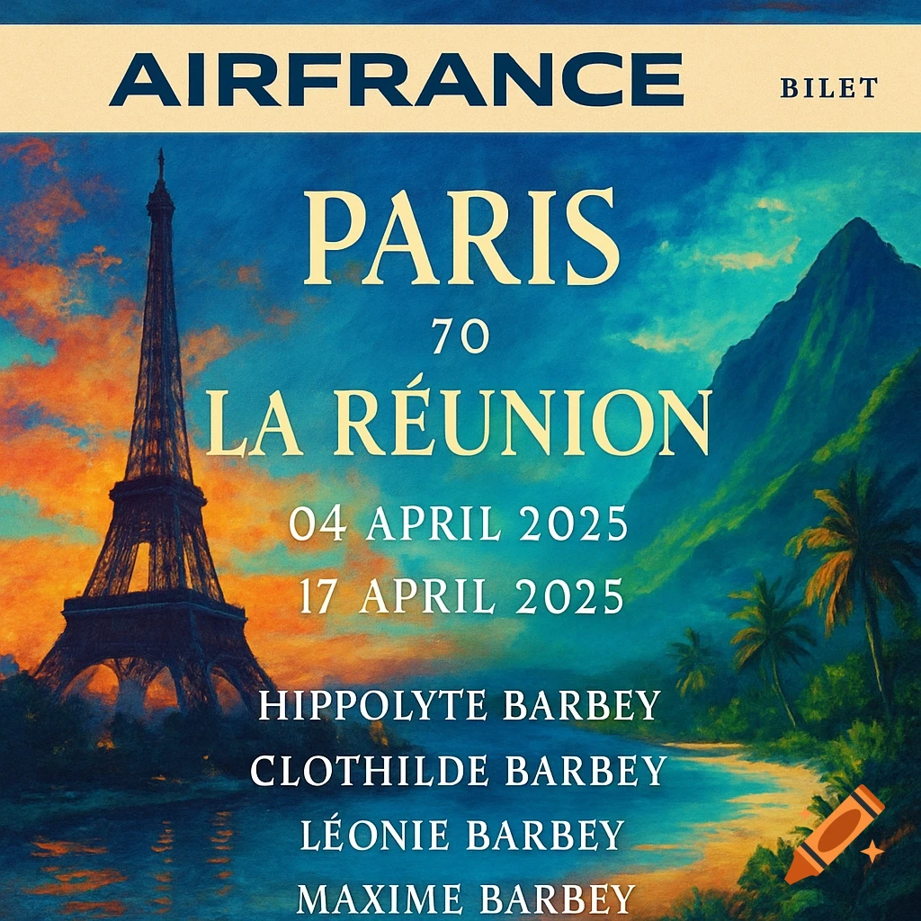 An Air France travel poster depicting a split scene with the Eiffel Tower on the left and a tropical beach with mountains and palm trees on the right. Text displays flight details between Paris and La Réunion.