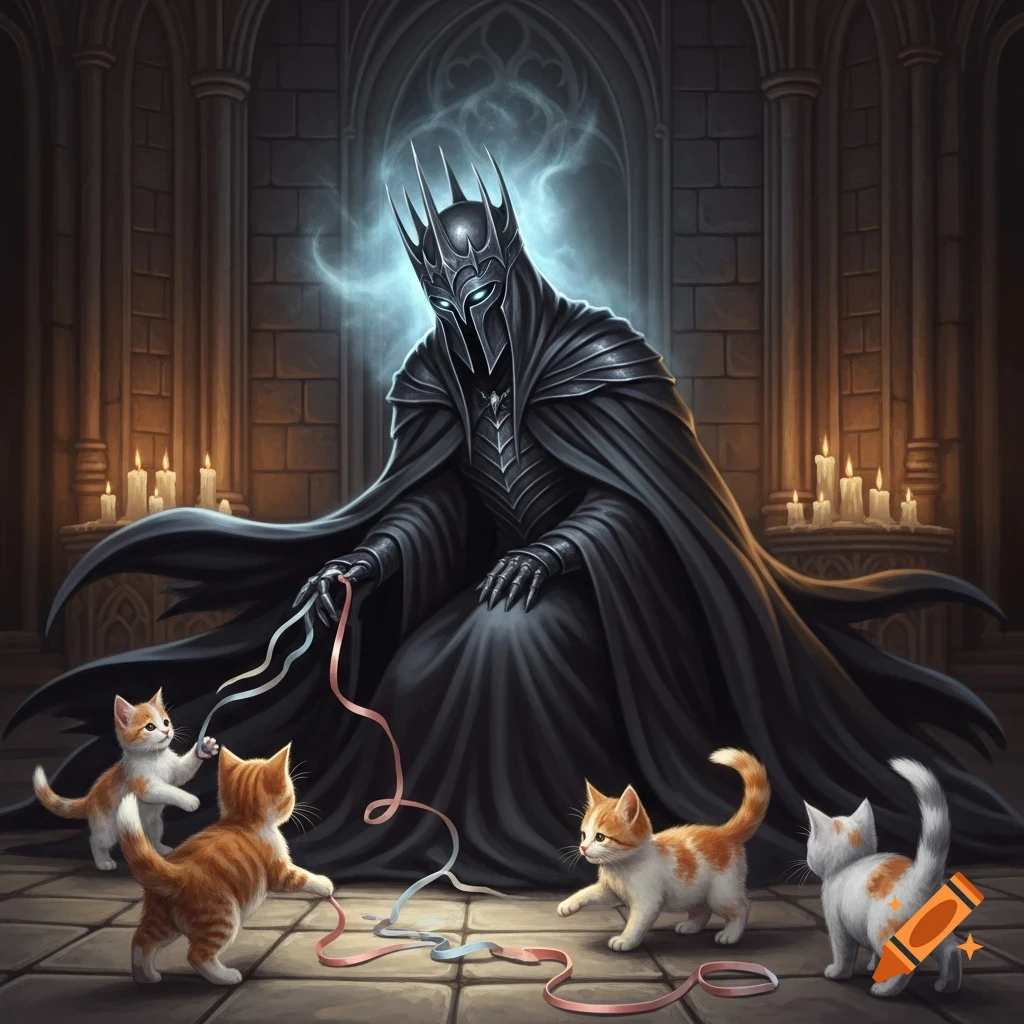 The Witch-king of Angmar, in dark armor and cape, plays with four small, fluffy kittens using a colorful ribbon in a dimly lit gothic hall with candles.