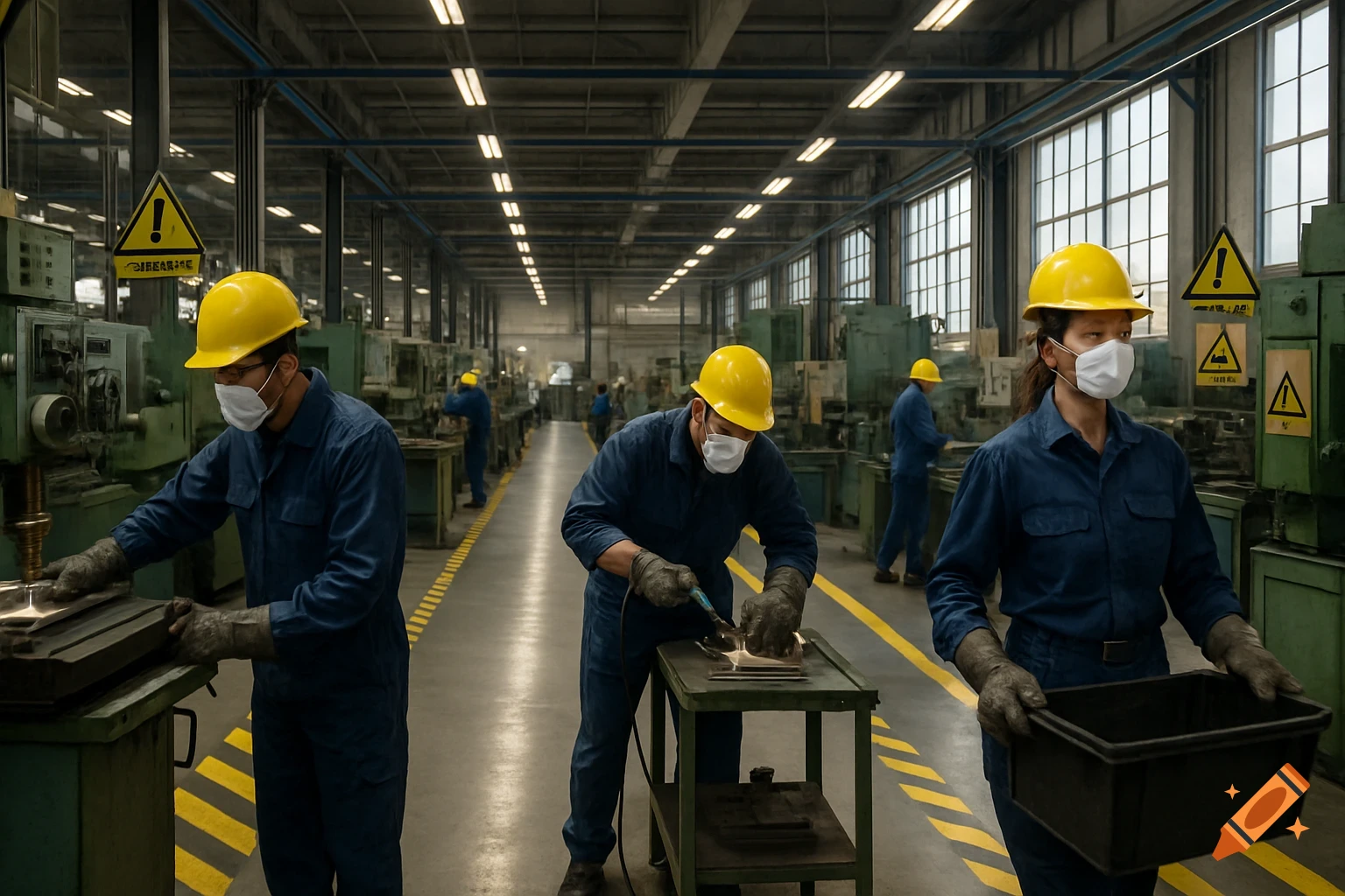 Factory workers in blue uniforms, yellow hard hats, and face masks operate machinery in a well-lit industrial facility with safety markings.