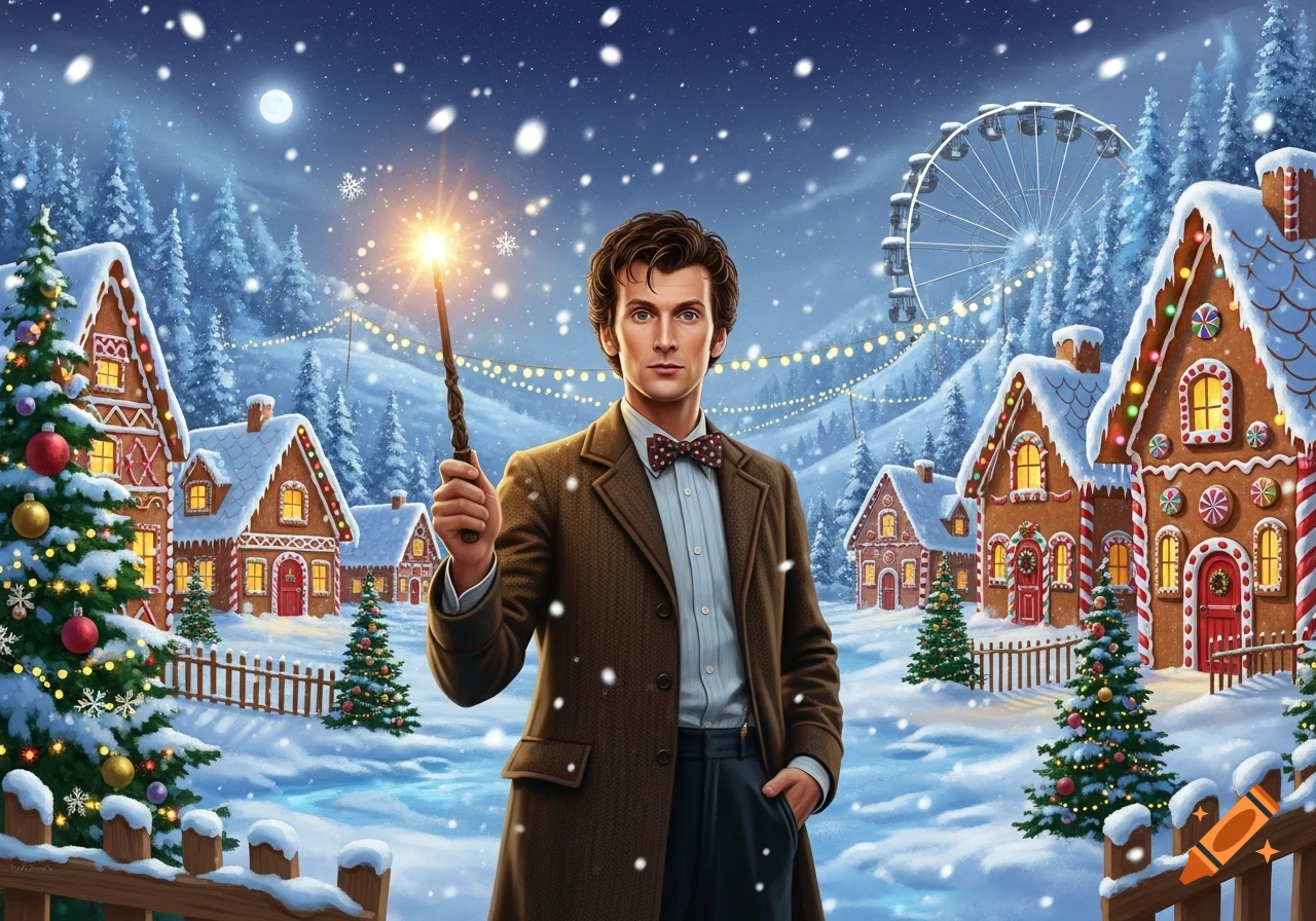 A man in a brown coat and bow tie holds a glowing magic wand in a snowy Christmas village with gingerbread houses and a Ferris wheel, in an illustrated style.