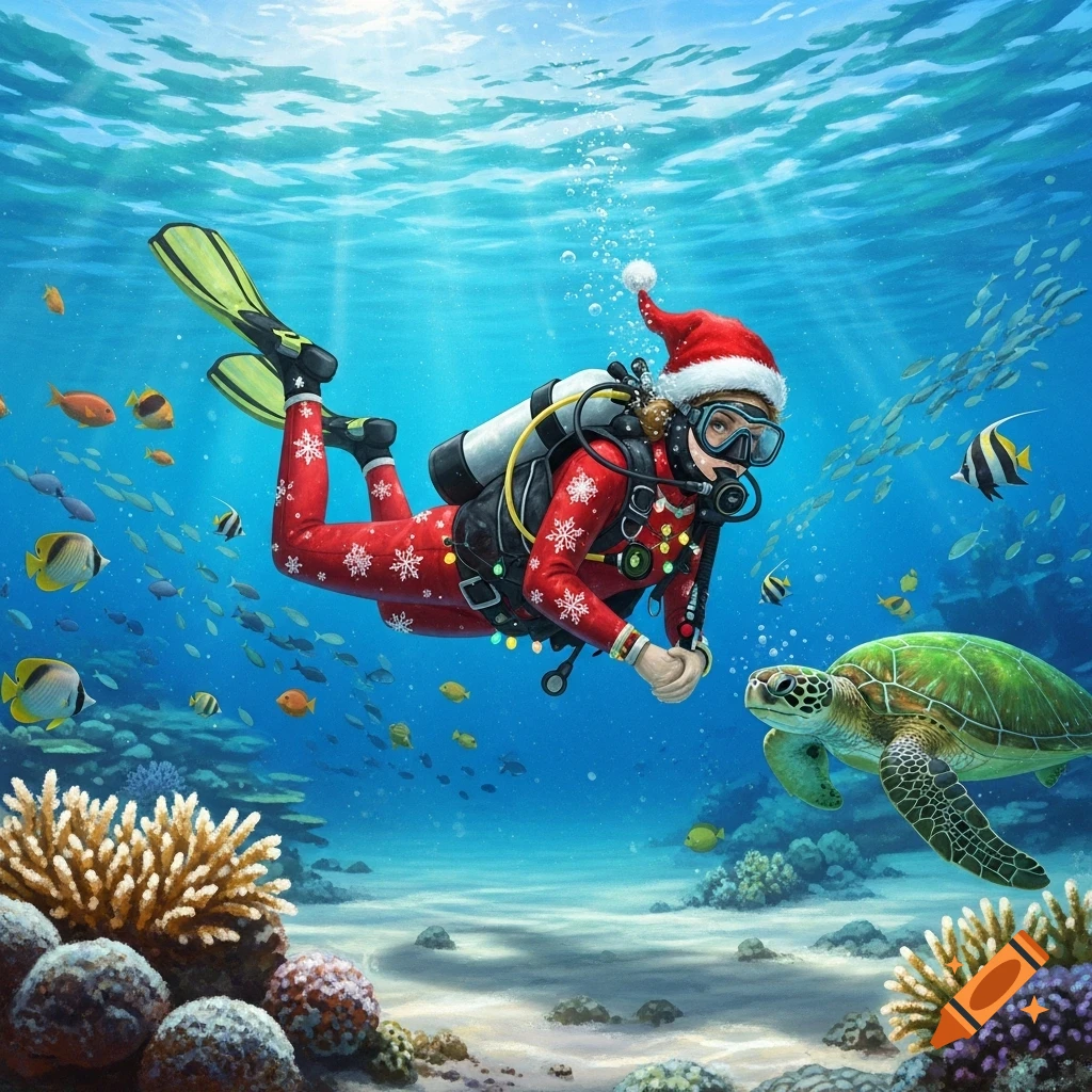 A diver in a red Santa wetsuit and hat swims underwater with a sea turtle, surrounded by tropical fish and coral.