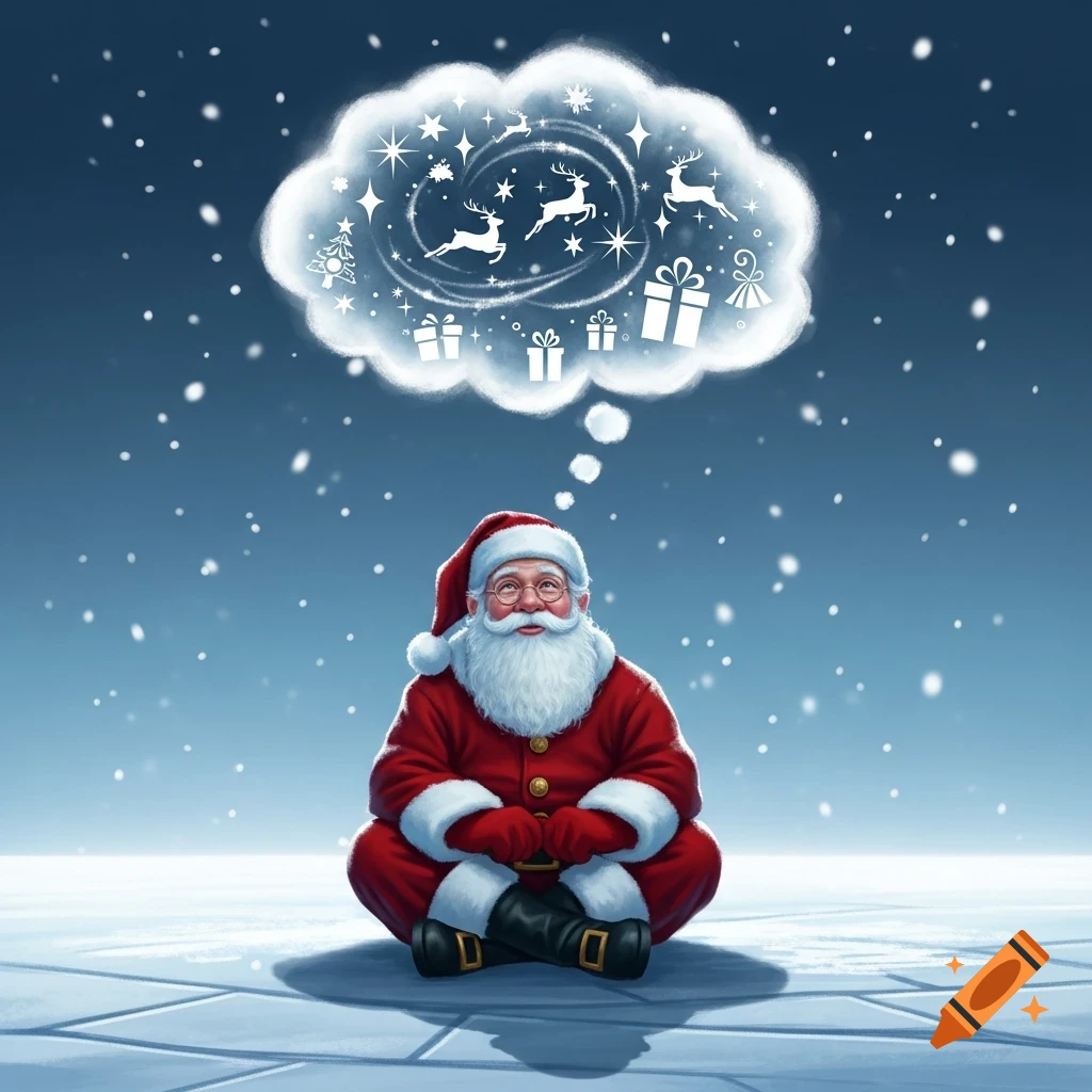 Santa Claus sits cross-legged on a snowy surface, dreaming of reindeer, stars, and gifts in a thought bubble.