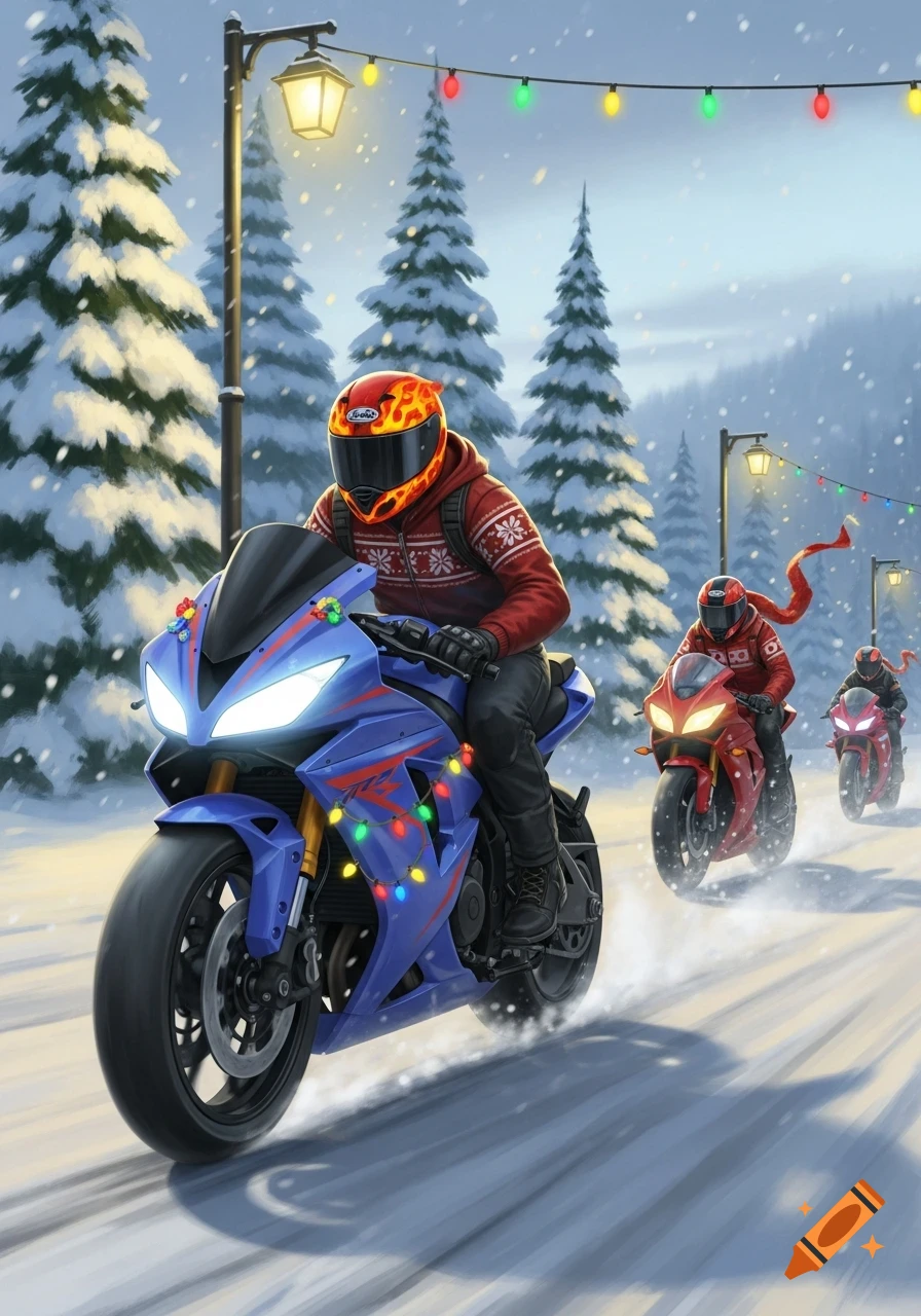 Three motorcyclists in festive winter gear ride decorated bikes down a snowy road lined with Christmas trees and lights.