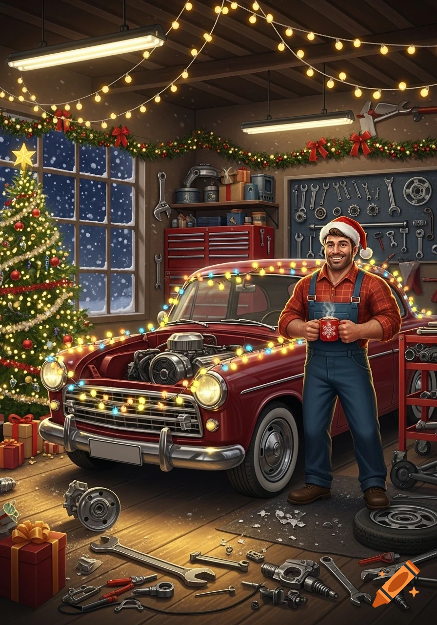 A smiling mechanic in a Santa hat holds a steaming mug in a festive Christmas garage with a red car, Christmas tree, and tools.