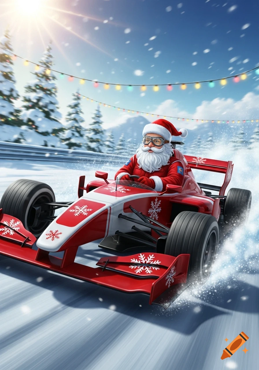 Santa Claus drives a red and white formula racing car adorned with snowflakes through a snowy, festive mountain track.