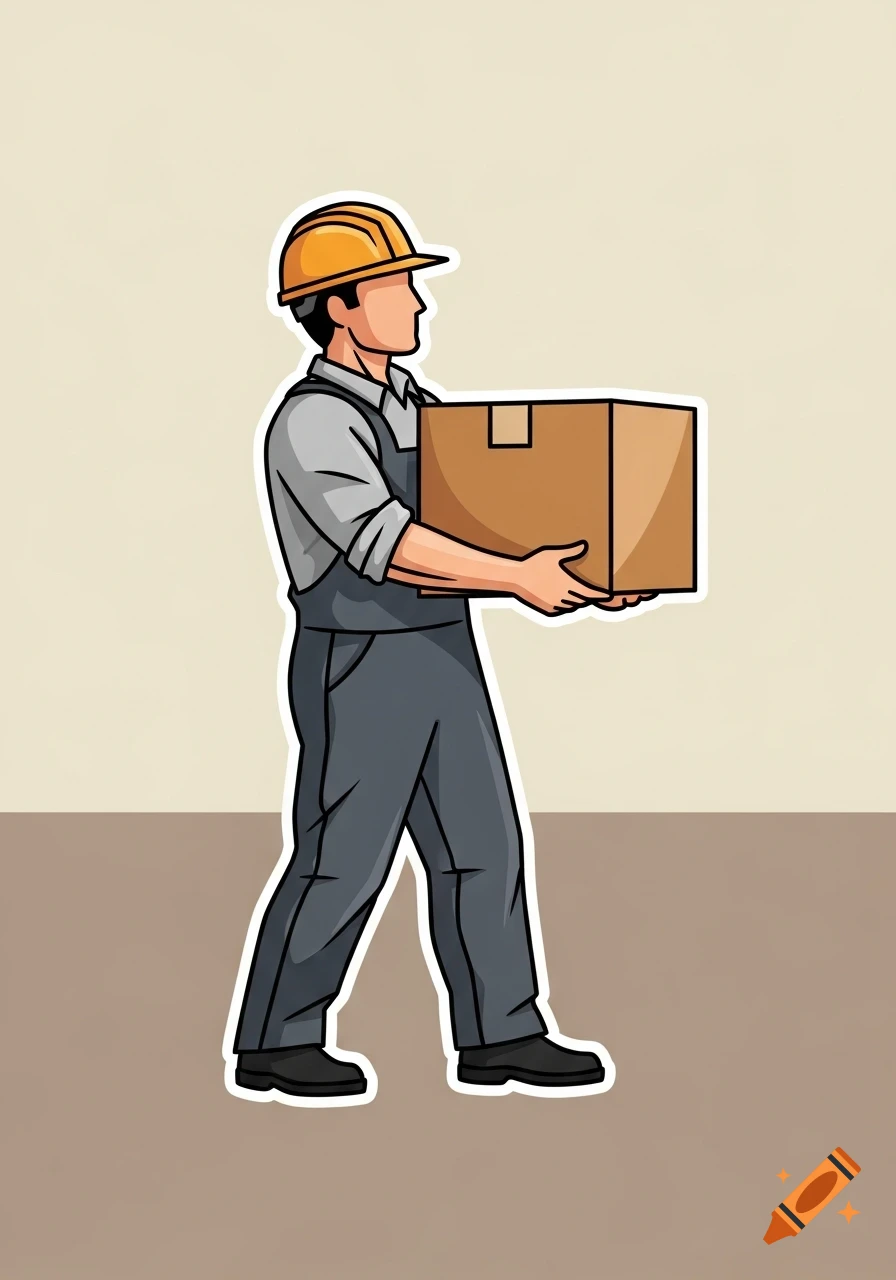 A cartoon illustration of a worker in a hard hat and overalls carrying a brown cardboard box.