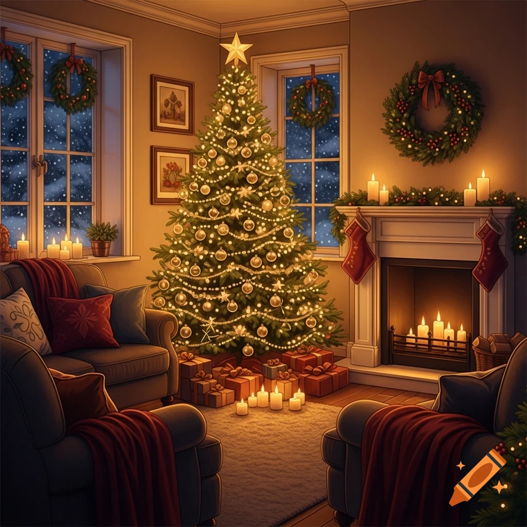 Cozy Christmas living room with a brightly lit Christmas tree, a fireplace with stockings, candles, and armchairs by a snowy window.