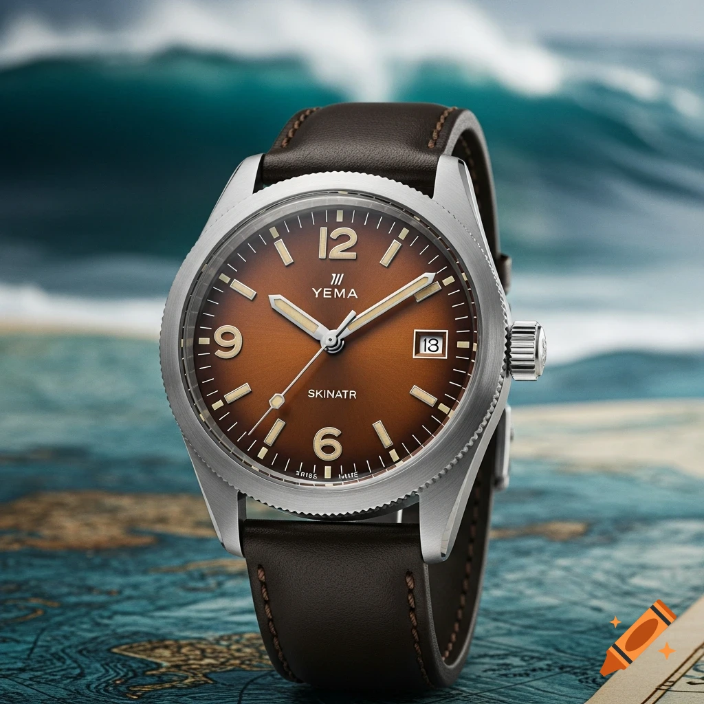 A close-up, photorealistic image of a silver watch with a brown dial and a dark brown leather strap, resting on a map with ocean waves in the background.