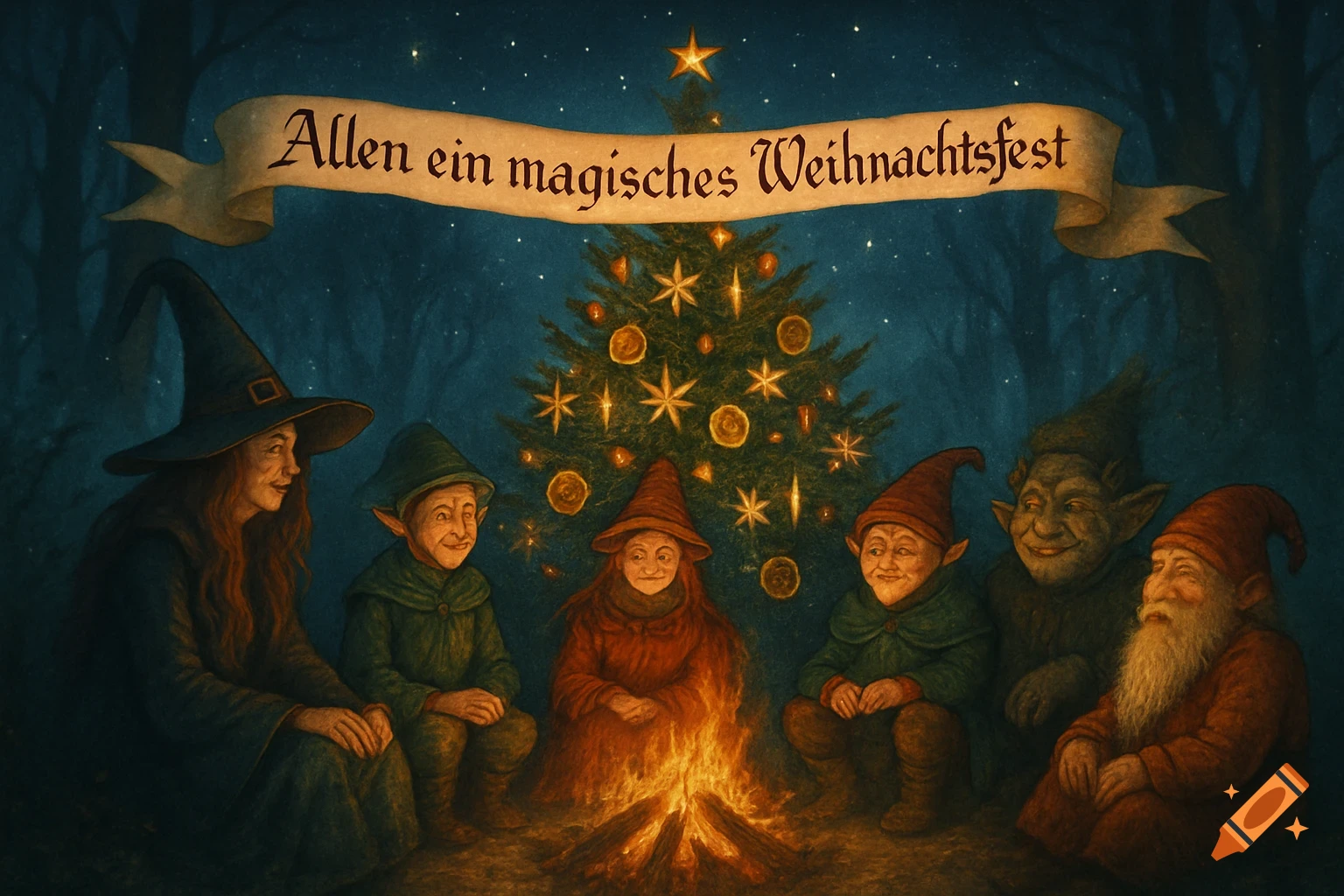 Fantasy creatures, including a witch, elves, and dwarves, sit by a campfire under a decorated Christmas tree, with a banner reading "Allen ein magisches Weihnachtsfest" in a mystical, painterly style.