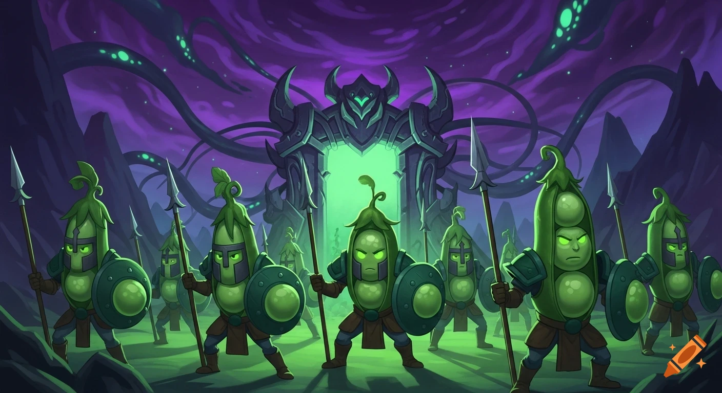 A cartoon army of pea warriors with spears and shields stands before a glowing green portal in a dark, purple fantasy landscape.