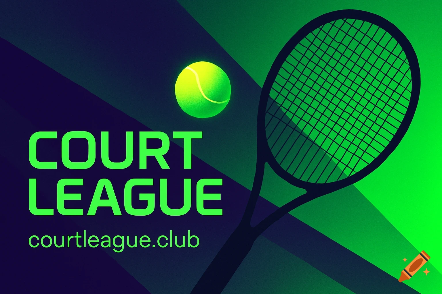 Modern tennis league promotional banner featuring a bright tennis ball, a racket silhouette, and "Court League" text on a green and dark purple gradient background.