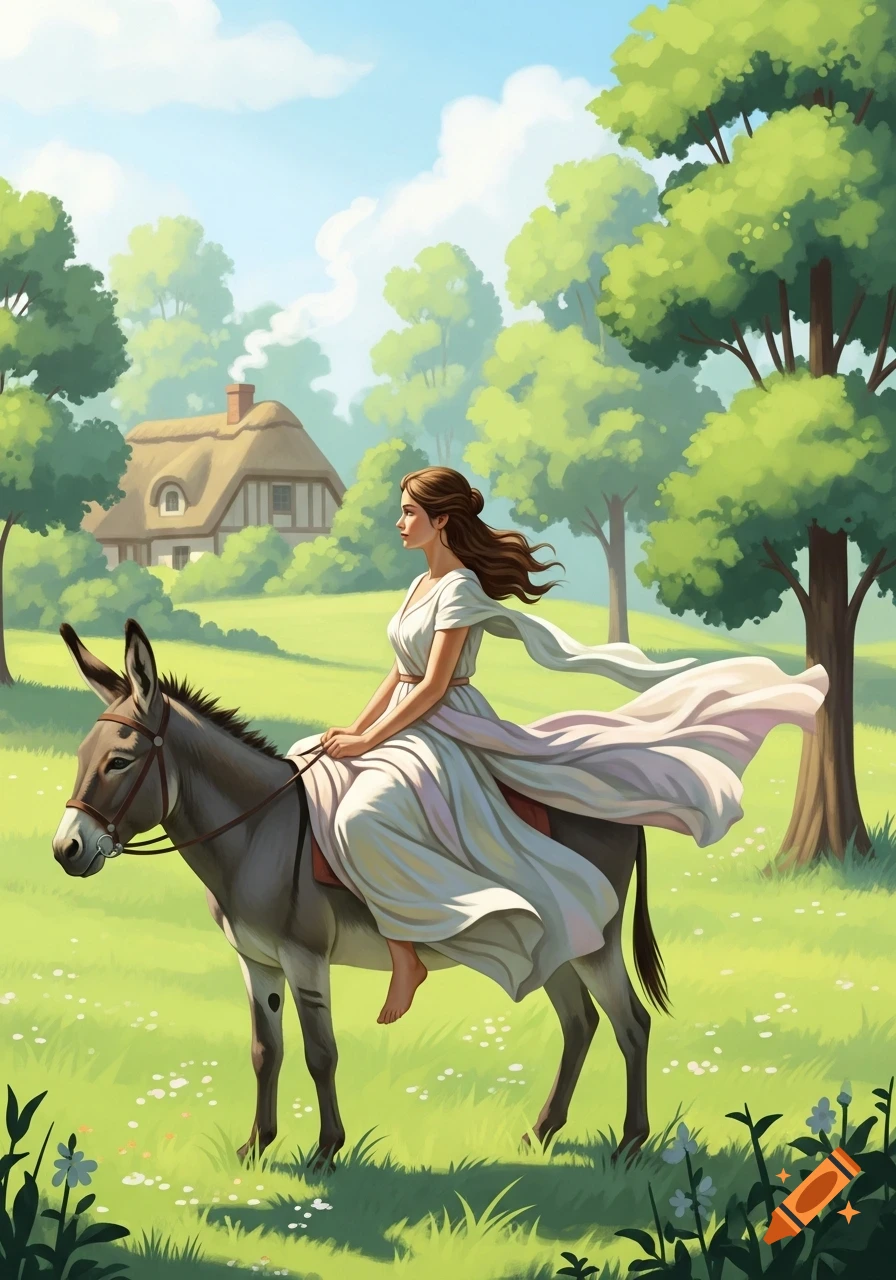 An artistic painting of a woman in a white dress riding a donkey in a sunny green meadow with a cottage.