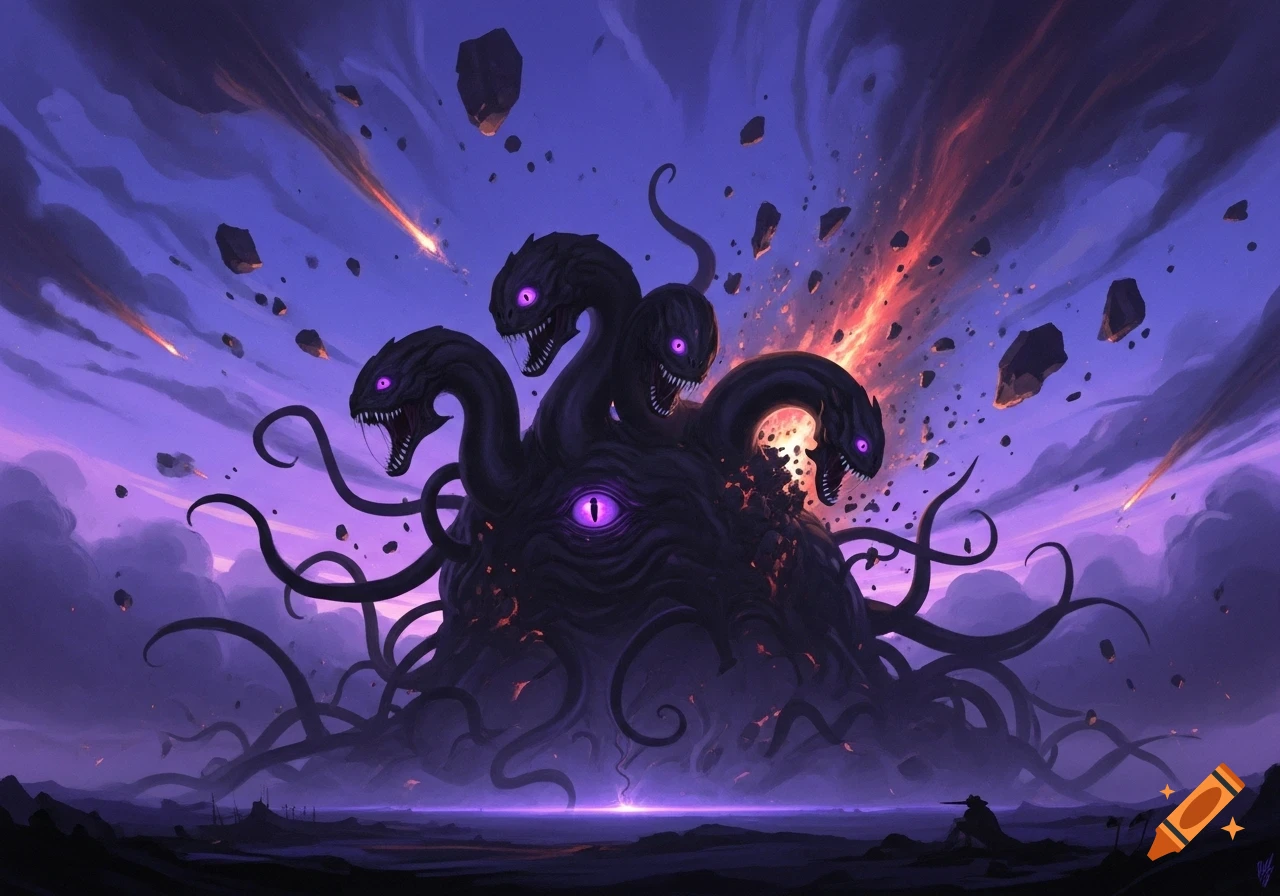 Dark fantasy art of a multi-headed black blob monster with glowing purple eyes and tentacles, against a stormy purple sky with falling meteors.