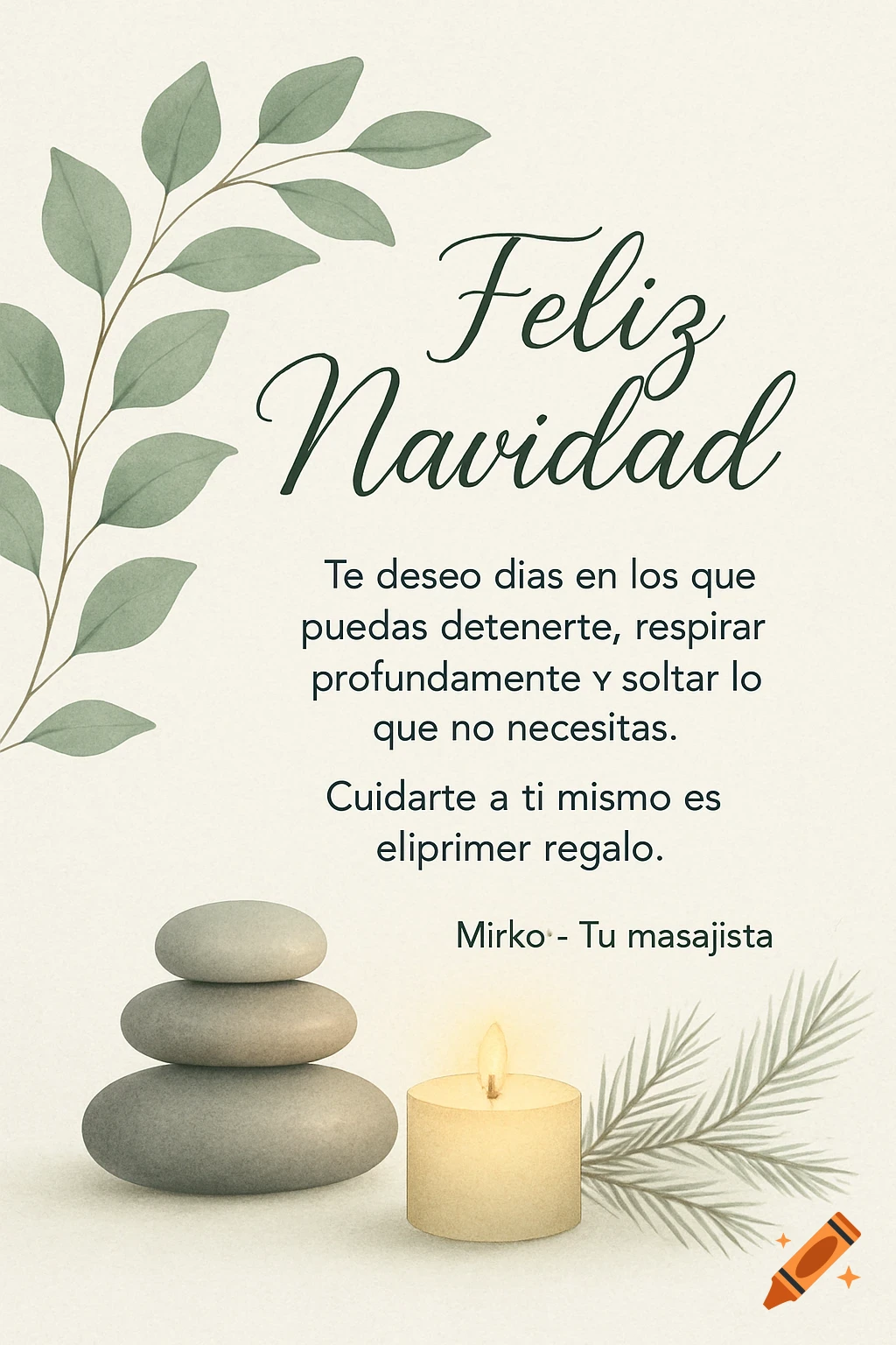 A wellness-themed Christmas card with watercolor eucalyptus, stacked stones, a lit candle, and text "Feliz Navidad" on a beige background.