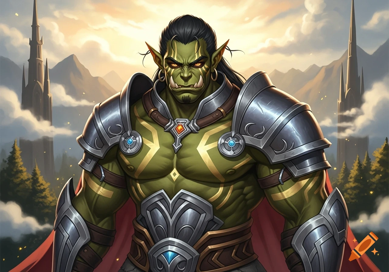 A muscular, green-skinned anime orc warrior with tusks and dark hair, wearing ornate silver armor and a red cape, stands before a fantasy landscape with mountains and castles at sunset.