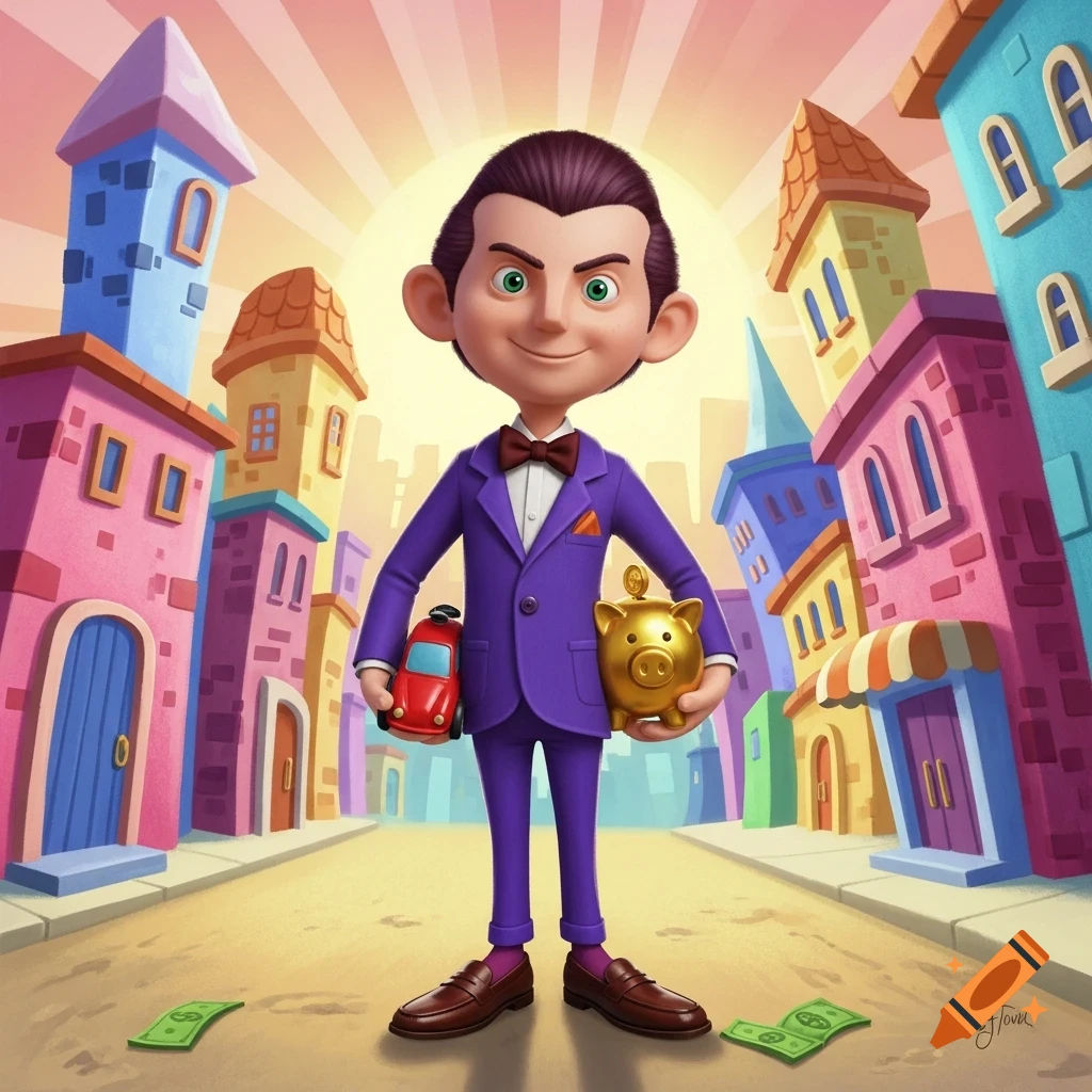 A cartoon man in a purple suit holds a red toy car and a golden piggy bank on a colorful street with stylized buildings in a 3D animated style.