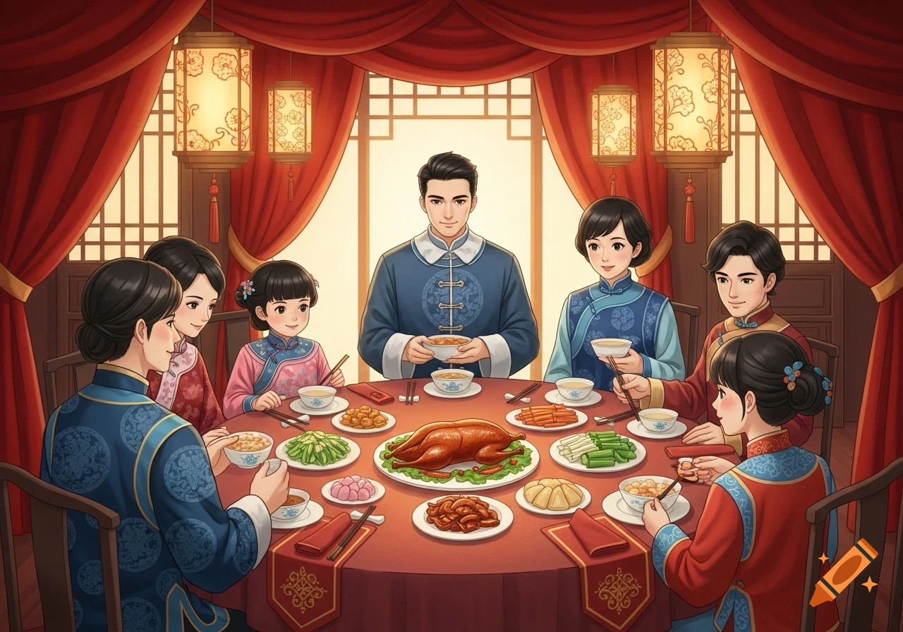 An illustrated Asian family in traditional attire gathers around a red table for a dinner with roasted duck and other dishes in a warm Chinese-style room.